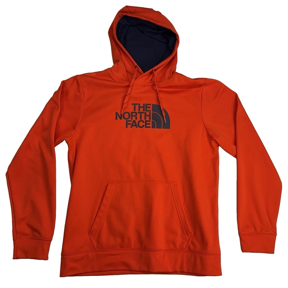 The North Face Men's Orange Pullover Hoodie Logo Graphic Print Pockets L